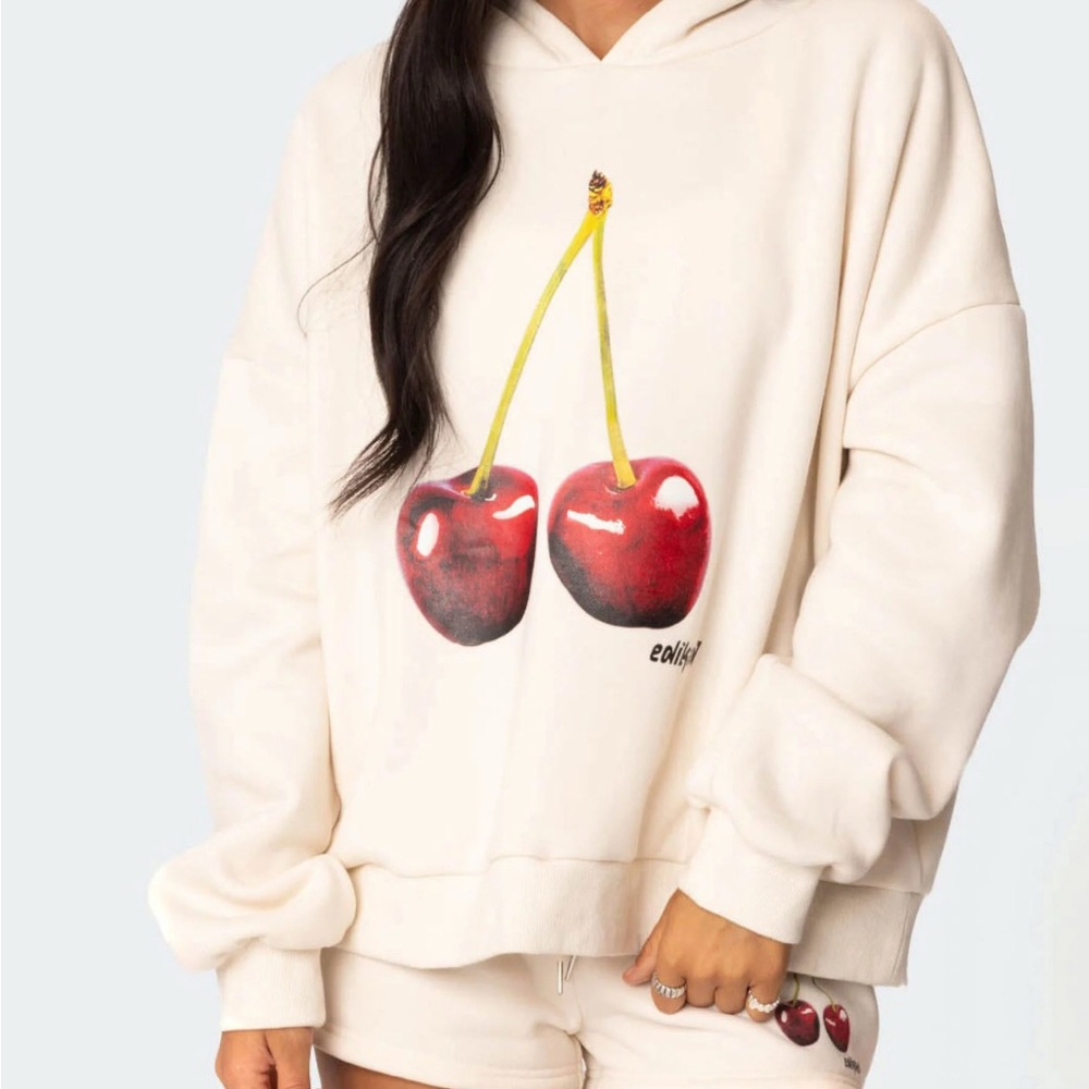 Cherry Print Cream Hoodie by Edikted